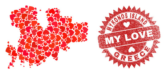 Vector mosaic Mykonos Island map of love heart items and grunge My Love seal stamp. Collage geographic Mykonos Island map created with love hearts.