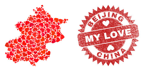 Vector mosaic Beijing City map of valentine heart elements and grunge My Love seal. Mosaic geographic Beijing City map created with love hearts.