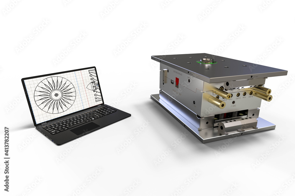 Aufkleber 3d render image of a plastic injection mold representing cad development