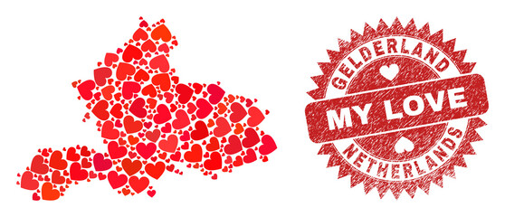Vector mosaic Gelderland Province map of lovely heart elements and grunge My Love seal stamp. Mosaic geographic Gelderland Province map designed using love hearts.