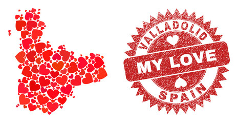 Vector mosaic Valladolid Province map of lovely heart items and grunge My Love seal stamp. Mosaic geographic Valladolid Province map constructed using lovely hearts.
