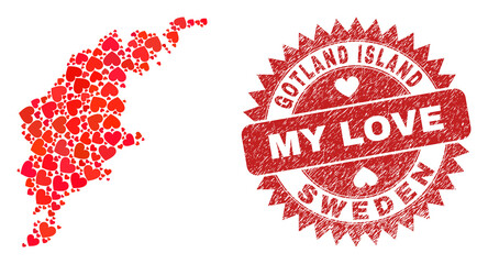 Vector mosaic Gotland Island map of lovely heart items and grunge My Love badge. Mosaic geographic Gotland Island map designed with lovely hearts.