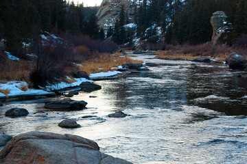 Icy South Platte River flowing through Eleven Mile Canyon Colorado