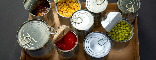 Canned beans, peas, corn, tomatos. Tin cans