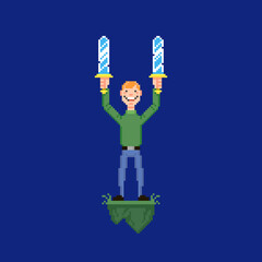 Fototapeta premium colorful simple flat pixel art illustration of young smiling guy holding two swords over his head
