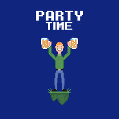 colorful simple flat pixel art illustration of young smiling guy holding two glasses of beer or ale over his head and with text party time