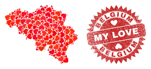 Vector mosaic Belgium map of love heart elements and grunge My Love seal. Collage geographic Belgium map designed with valentine hearts. Red rosette seal with distress rubber texture and my love tag.