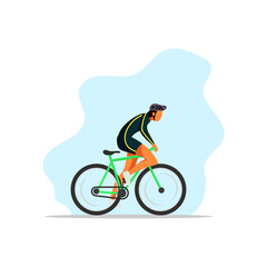 Fototapeta premium Male cyclist. Man riding bicycle. Biking activity. City transport. Urban sport. Outdoor sports. Guy in cycling suit and helmet. Fitness and health. Bike tour race. Flat vector character illustration.