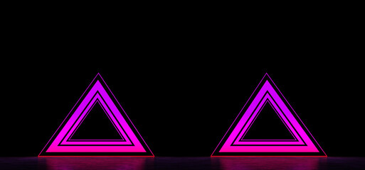 Two glowing pyramids in dark space. 3D illustration