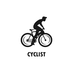 Fototapeta na wymiar Cyclist black silhouette. Biker logo. Biking athlete icon sign or symbol. Healthy activity. Fitness concept. Human health. Bicycle tour and race. Urban city transportation. Simple vector illustration.
