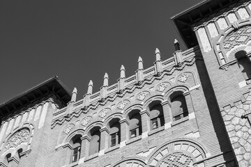 Castellón de la Plana, Valencian Community, Spain (Costa del Azahar). Mails and telegraphs (Correos y telégrafos). Administrative building. Monochrome (black and white) photograph.