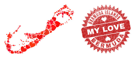 Vector mosaic Bermuda Islands map of love heart elements and grunge My Love seal stamp. Collage geographic Bermuda Islands map constructed with love hearts.