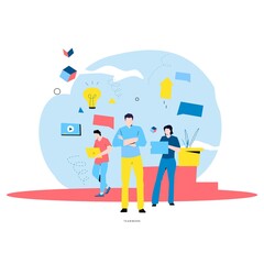 Team work and team building, corporate organization and partnership, business leadership, problem solving, innovative business approach, brainstorming, unique ideas and skills flat vector illustration