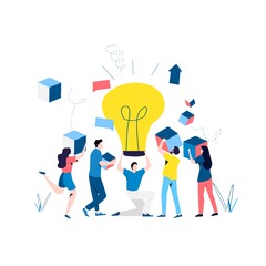 Team work, cooperation, partnership, corporate development, problem solving, creative solutions, innovative business approach, brainstorming, unique ideas and skills flat vector illustration