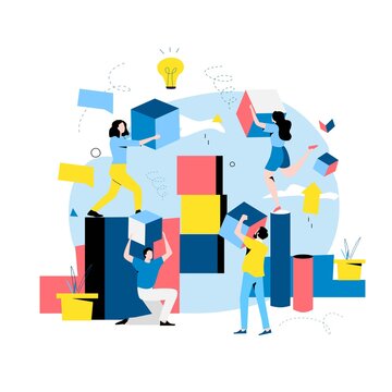 Team work and team building, corporate organization and partnership, problem solving, creative solution, innovative business approach, brainstorming, unique ideas and skills flat vector illustration