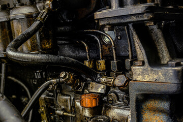 Detail of a dirty diesel engine, close view