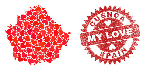 Vector collage Cuenca Province map of valentine heart elements and grunge My Love seal stamp. Collage geographic Cuenca Province map designed with love hearts.