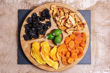 dried fruits. top view. Symbols of the Jewish holiday Tu Bishvat. flat lay