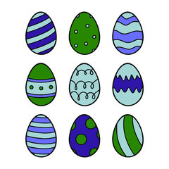 Easter eggs set. Vector set of colored eggs with ornament. Perfect for easter pattern, card, stickers, icon, logo, banner. Hand drawn easter illustration. Spring holiday drawing. Easter clip art set.