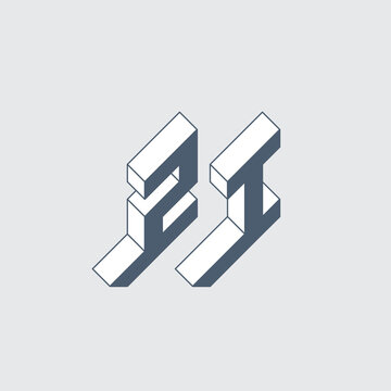 ZI or 2I - monogram or logotype. Volume alphabet. Three-dimension letters Z and I. Isometric 3d font for design. Number 21.