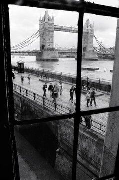 the iconic Tower Bridge is a bascule and suspension bridge over the River Thames (B&W)