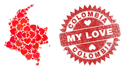 Vector collage Colombia map of love heart elements and grunge My Love seal. Collage geographic Colombia map created with love hearts. Red rosette seal with grunge rubber texture and my love tag.