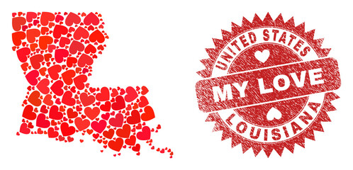 Vector collage Louisiana State map of valentine heart items and grunge My Love seal. Mosaic geographic Louisiana State map created with valentine hearts.