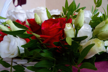 Beautiful bouquet of red and white roses for the holiday.
