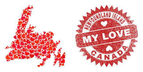 Vector collage Newfoundland Island map of love heart items and grunge My Love seal stamp. Collage geographic Newfoundland Island map created with valentine hearts.