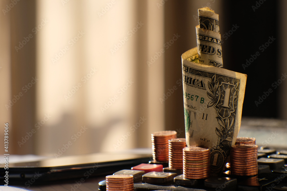 Poster stack of coin on table background and business or finance saving money