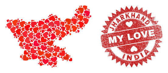 Vector collage Jharkhand State map of lovely heart items and grunge My Love stamp. Collage geographic Jharkhand State map constructed using love hearts.
