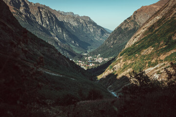 Russia, Caucasus, Dombay, view of the village among the mountains on a sunny day