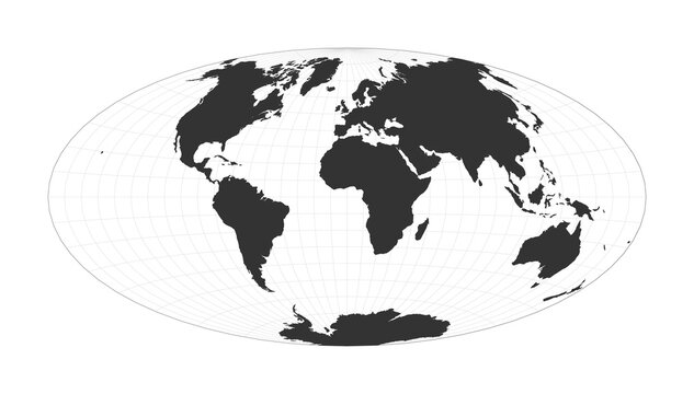 Map of the world. Aitoff projection. Globe with latitude and longitude net. World map on meridians and parallels background. Vector illustration.