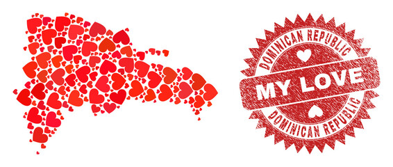 Vector mosaic Dominican Republic map of lovely heart items and grunge My Love seal. Mosaic geographic Dominican Republic map created using love hearts.