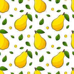 Seamless pattern with pears and leaves. Bright, yellow, juicy, summery, fruity pattern. Colored elements with a stroke, in a linear style are isolated. For clothing design and food packaging