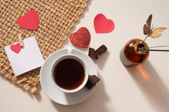 Magic Mood Atmosphere Of Love Picture For Post In Instagram. Take Break, Rest With Tea And Chocolate. With Love And Care And Red Hearts Around. Business Idea Of Psychology And Aroma. Closeup