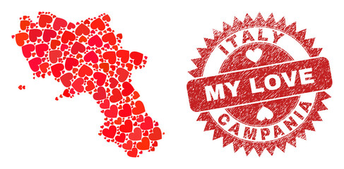 Vector collage Campania region map of love heart elements and grunge My Love seal stamp. Collage geographic Campania region map designed with love hearts.