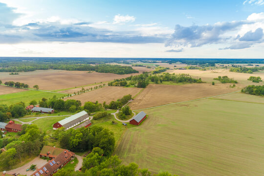 Aerial fields and houses in Balingsta commune near Wik Castle