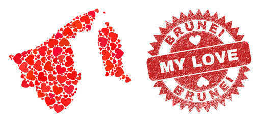 Vector mosaic Brunei map of love heart items and grunge My Love badge. Mosaic geographic Brunei map created using love hearts. Red rosette imprint with grunge rubber texture and my love text.