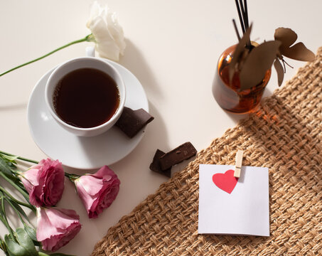 Magic Mood Atmosphere Of Love Picture For Post In Instagram. Take Break, Rest With Coffee And Chocolate. With Love, Care And Bouquet Of Flowers. Business Idea Of Psychology And Aroma. Close-up.