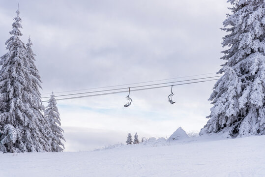 Ski lift against sky. Bulgaria ski resort.