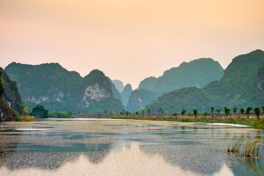 Karst mountain landscape at sunset, Ninh Binh, Vietnam