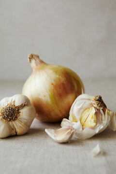 Still Life of Garlic and Onions Close Up