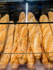 bread on display in a bakery