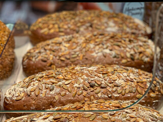bread on display in a bakery