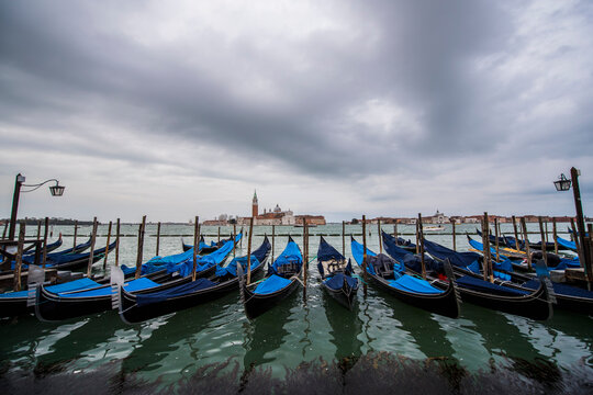 View of gondolas in the Venice Lagoon, Venice, Italy