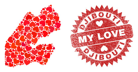 Vector collage Djibouti map of love heart elements and grunge My Love seal. Collage geographic Djibouti map created with lovely hearts. Red rosette imprint with grunge rubber texture and my love text.