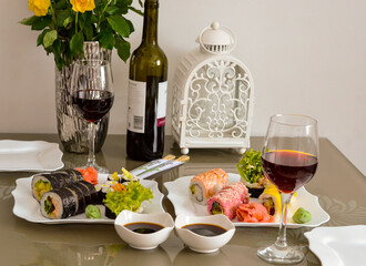 Valentines Day Sushi and wine dinner, gift for her, romantic. - obrazy, fototapety, plakaty