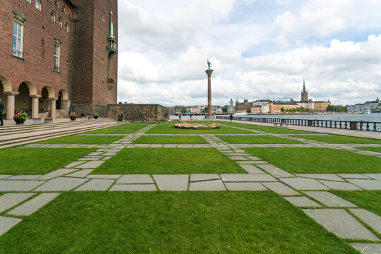 Stockholm red town hall garden in summer empty during corona