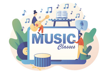 Music class - text on laptop screen. Online education. Vocal lessons. Tiny musicians with music notebook, microphone, guitar, keyboard, drum. Modern flat cartoon style. Vector illustration 